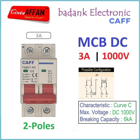CAFF MCB DC 2P 1000V C3 3A Circuit Breaker Solar PV Panel Surya PLTS